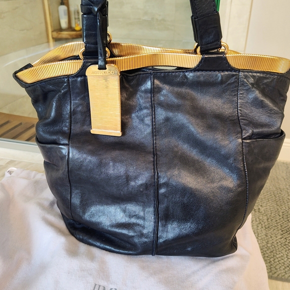 Jimmy Choo Hobo Real Leather Black and Gold Women's Shoulder Bag
